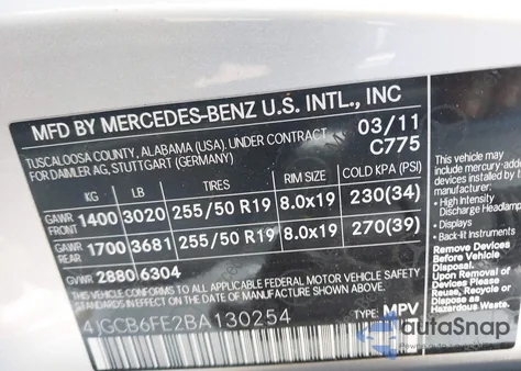 2011 Mercedes-Benz R 350 4Matic from USA, damaged, VIN 4JGCB6FE2BA130254